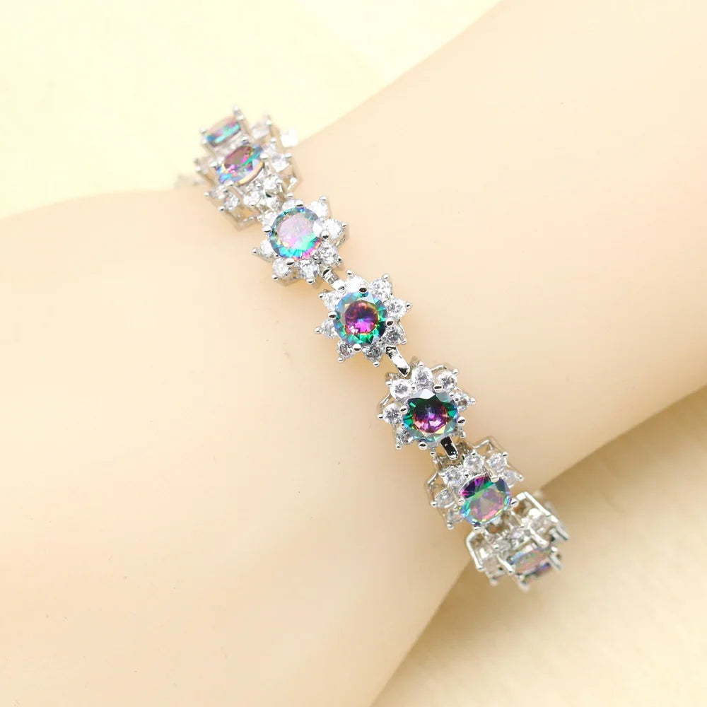 XOTICA Women's round Rainbow Zirconia Jewelry Set Includes Bracelet Earrings Ring Pendant Necklace for Weddings and Parties