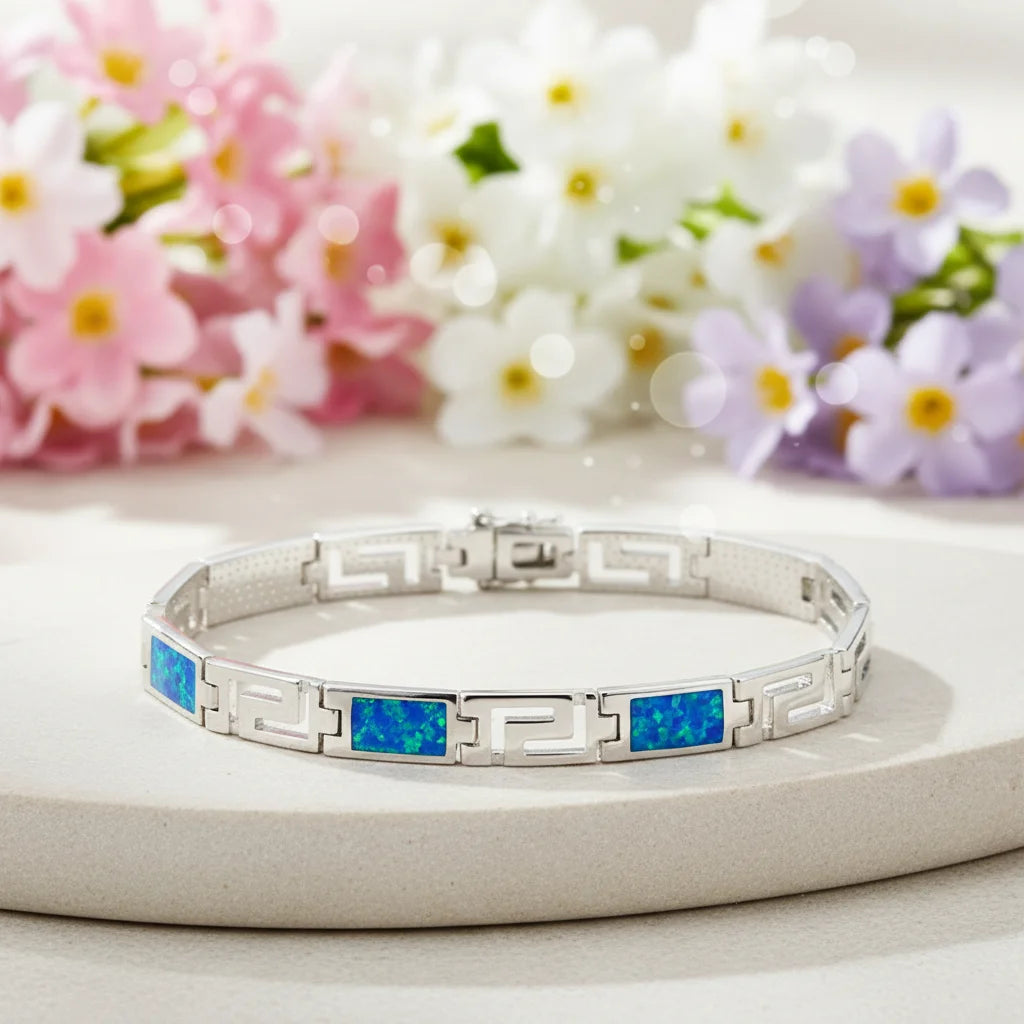 Fashion Trendy Silver Plated Brass Christian Opal Inlaid Minimalist Geometric Design Women's Anniversary Chain Link Bracelet