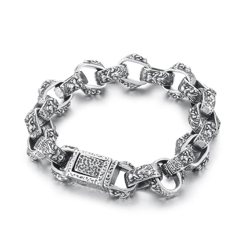 KALEN 220mm Men Punk Stainless Steel Lion Head Patterns Oval Links Bracelet