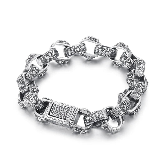 KALEN 220mm Men Punk Stainless Steel Lion Head Patterns Oval Links Bracelet