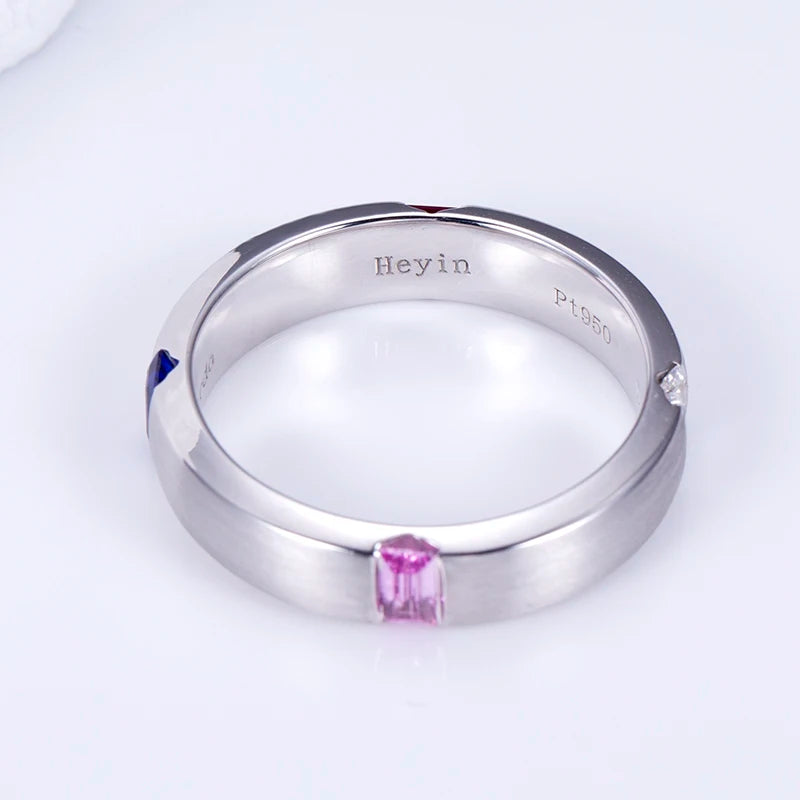 Gemfiori MSR-1509 PT950 Luxury Wedding Ban Ring Emerald Cut Lab Sapphire Stones Lab Grown Diamond Ring