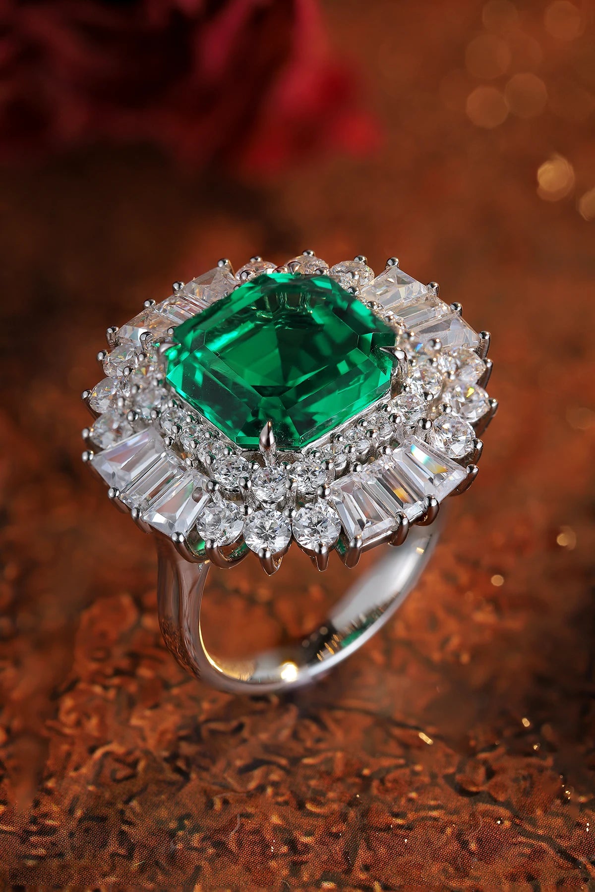 Gemfiori Anster Lab Created Emerald Women Ring S925 Sterling Silver Lab Made Diamonds and Emeralds Ring
