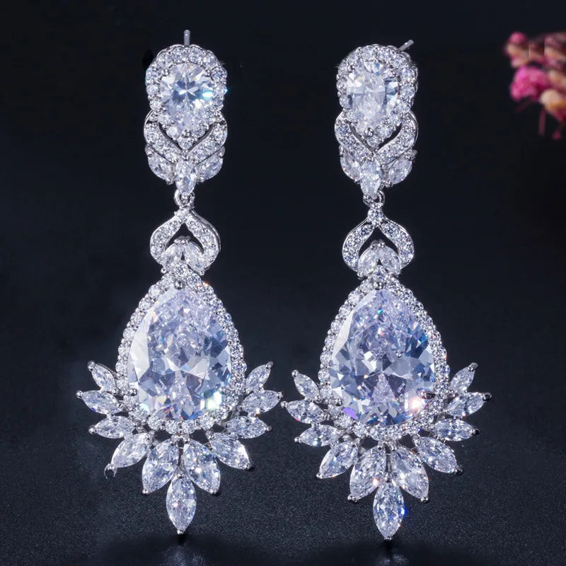 XOTICA Bridal Jewelry Zirconia Oval Cut Claw Setting Drop Earrings Platinum Plated Alloy Geometric Trendy for Women Wedding Gift