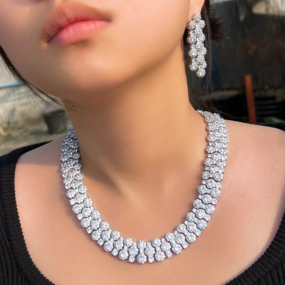 Glamorous Full Cubic Zirconia Pave Round Big Luxury Chunky Wedding Party Necklace Arabic Pakistani Bridal Pageant Jewelry Sets