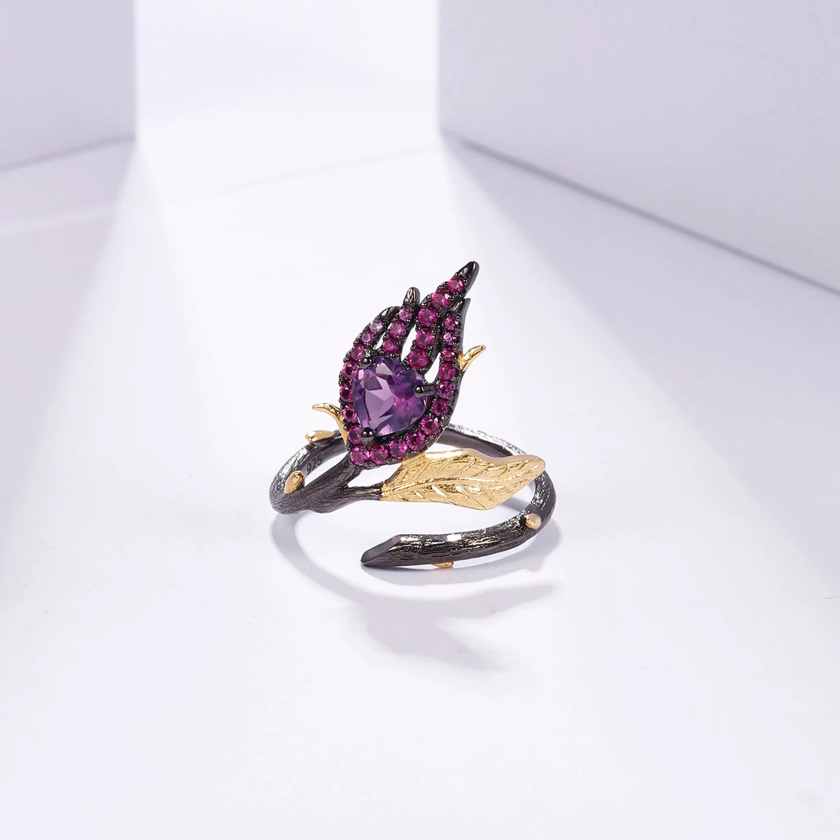 ArtistA Abiding Handmade Romantic Heart Shape Inspired Natural Amethyst Ring Pendant Earrings 925 Silver Women Jewelry Set for Mom Wife