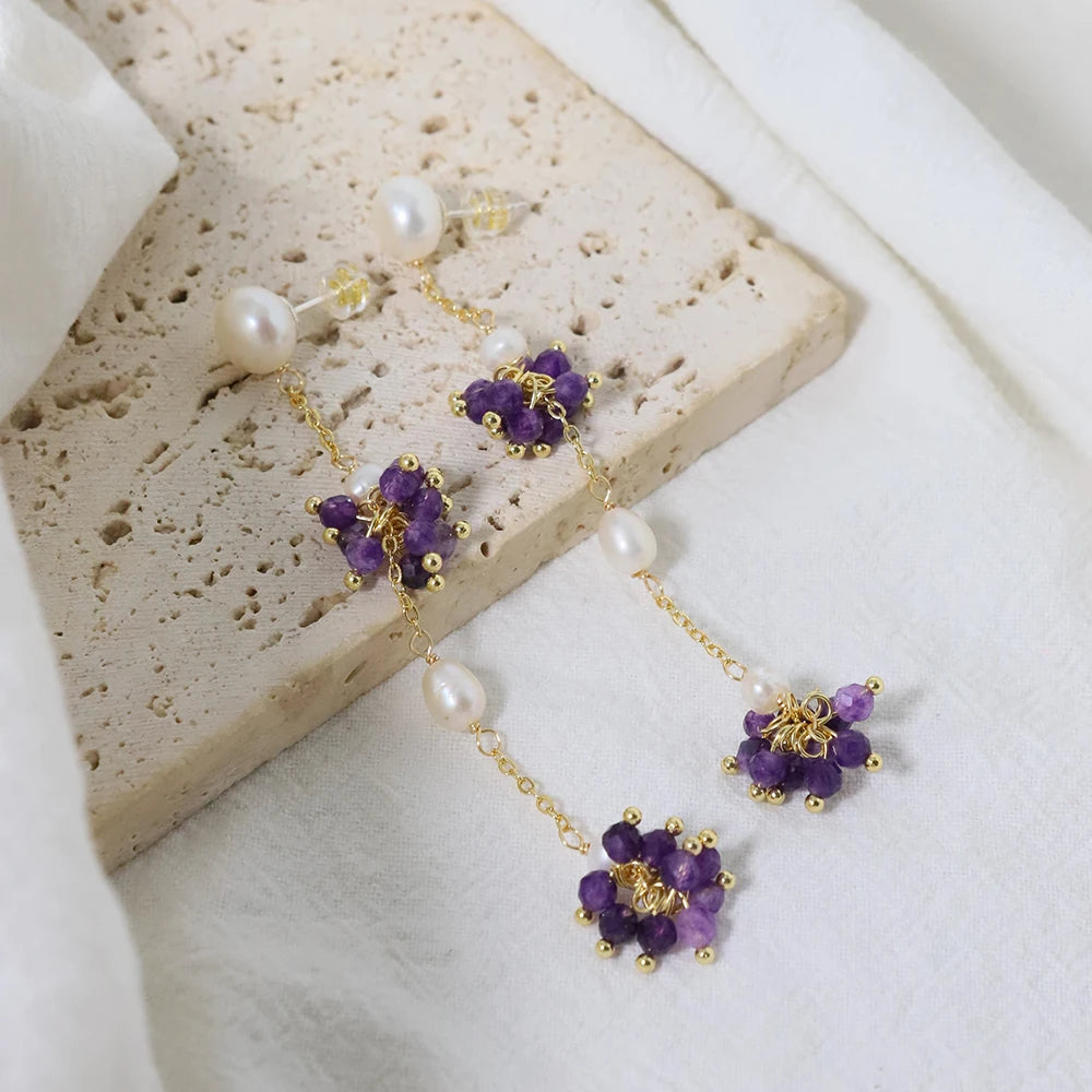 Natural Freshwater Pearl Amethyst Small Bead Long Pendant Korean Women's Luxury Jewelry Fashion Women's and Girls' Gifts GE1561