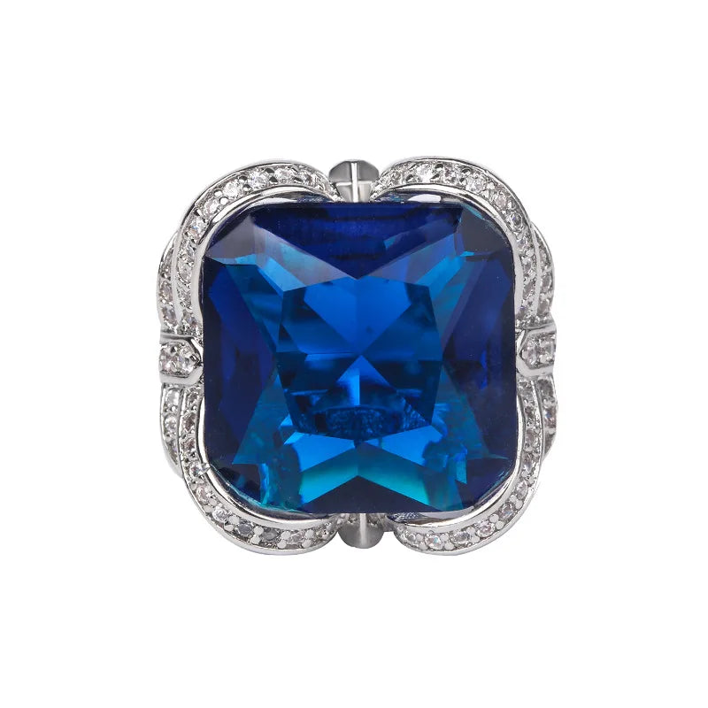 Gemfiori Korean Fashion Jewelry Light Luxury Temperament Pendant Inlaid with Blue Zircon Ring Jewelry Set