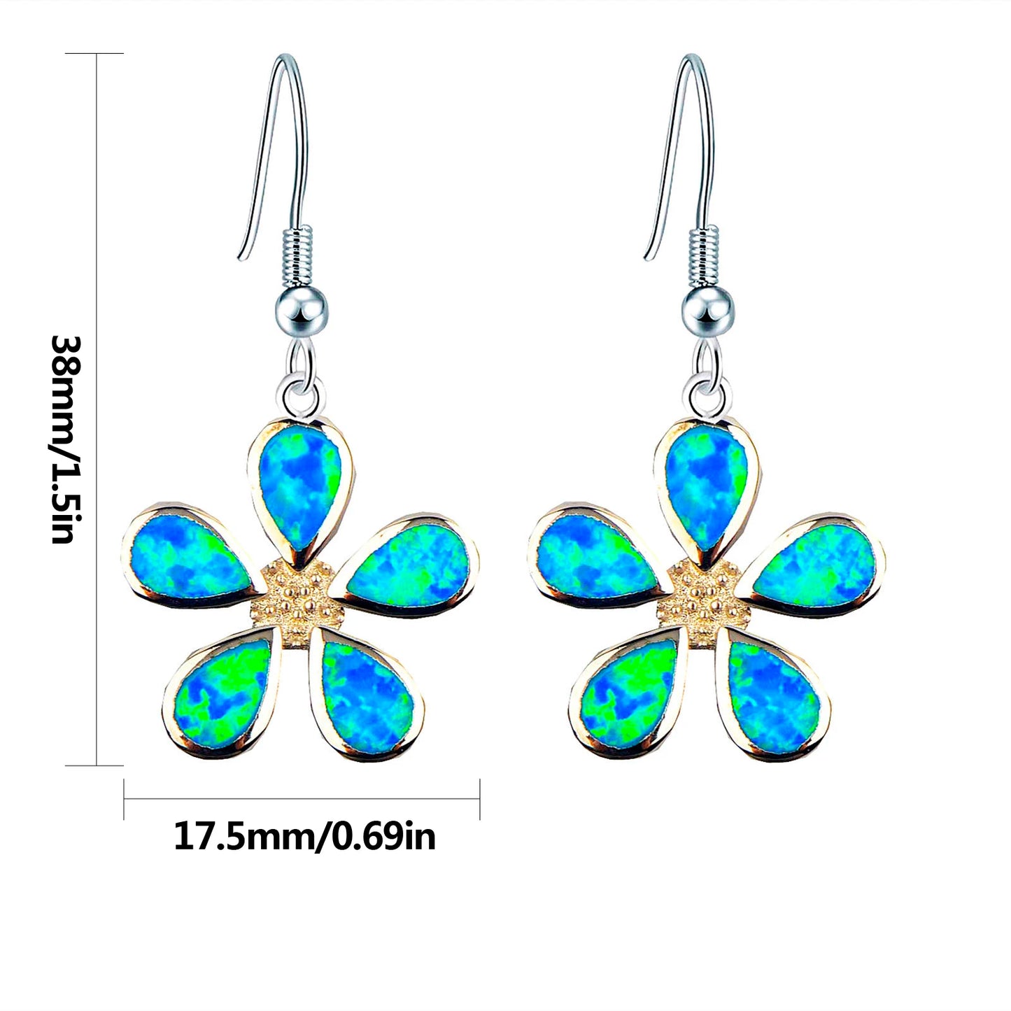 Dual-Tone Flower Opal Drop Earrings - Blue Fire Opal Petals & Gold-Accent Center Design | Whimsical Daily Jewelry Bulk Gifts