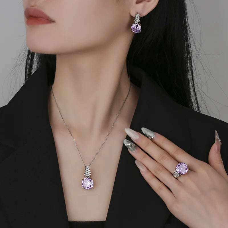 Gemfiori Ose Purple Set Necklace Ring Earrings Zircon Luxury Jewelry Women's Wedding Bridal Clothing Accessories Set