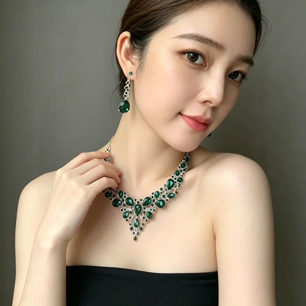 XM S393 Gold Plated Marquise Topaz Floral Necklace & Earrings Bridal Set