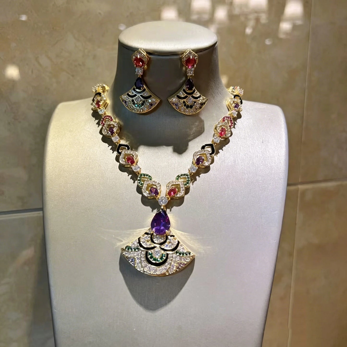 XM S417 Gold Plated Multicolour Crystal Enamel Fan & Teardrop Stone Pendant Necklace & Drop Earrings Set