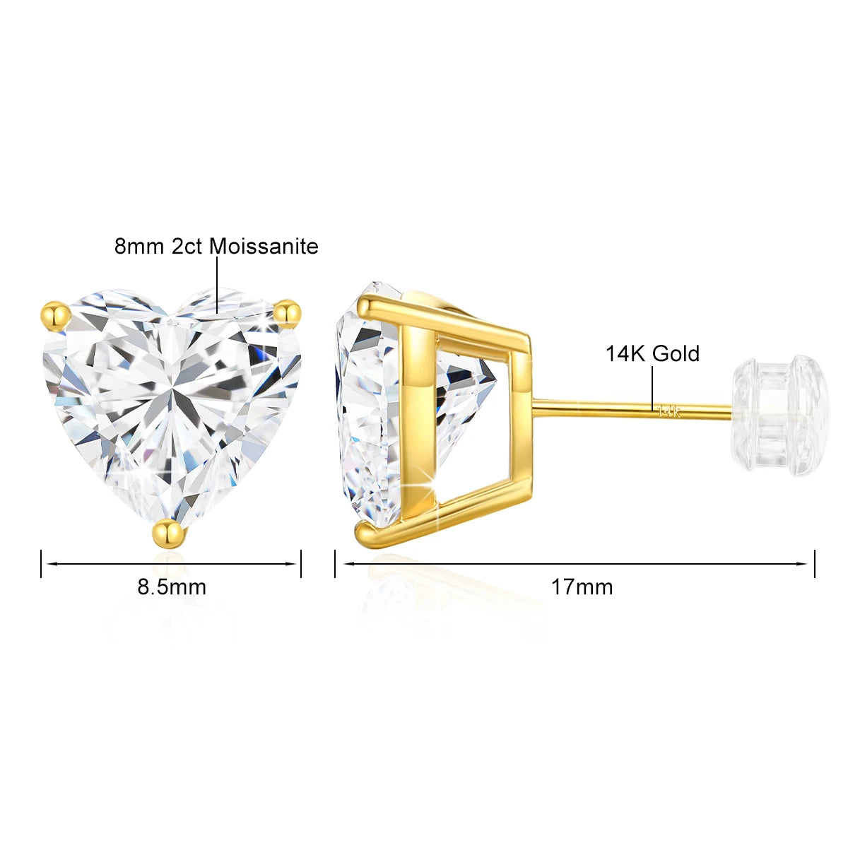 Gioiellieri Fine Jewelry Manufacturer Engagement Woman Gift Real 14K Gold Hollow 2ct 3ct Moissanite Diamond Heart Stud Earrings