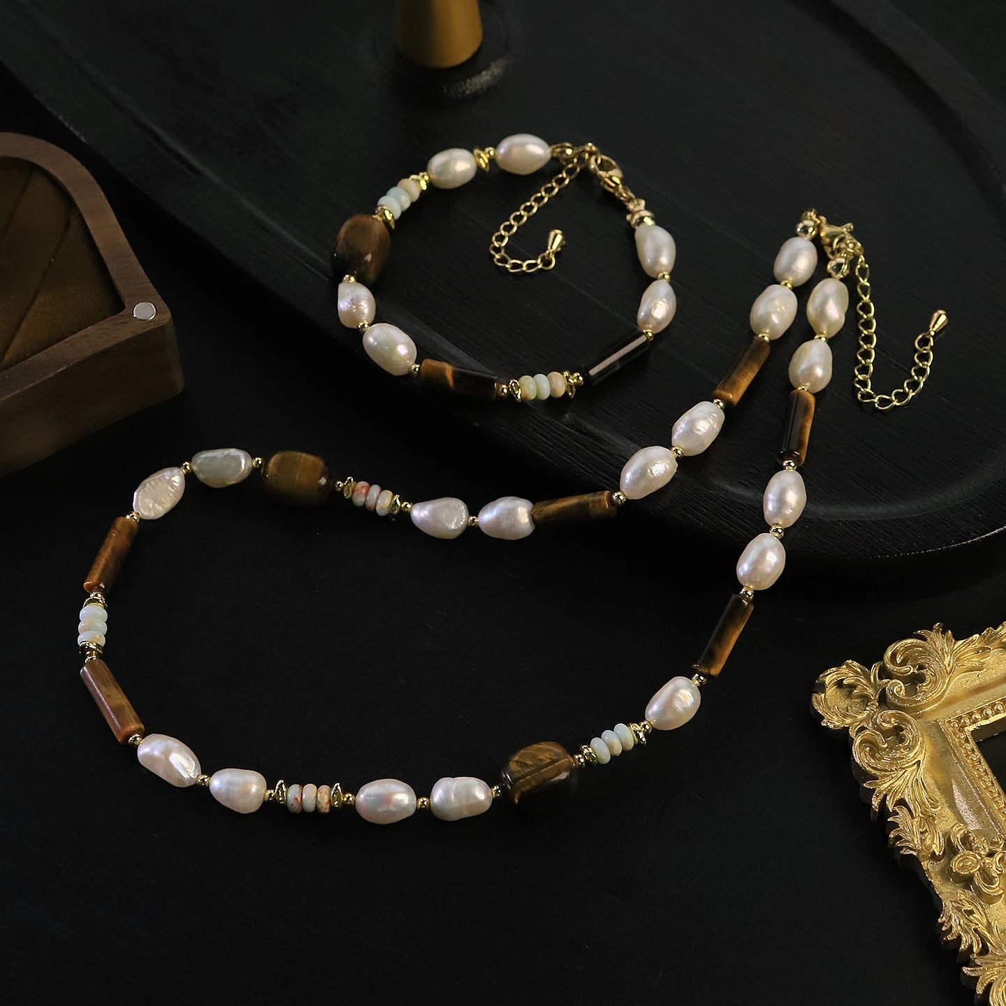GLSEEVO Natural Pearl, Tiger Eye & Shoushan Stone Necklace & Bracelet Set — Vintage Style | White