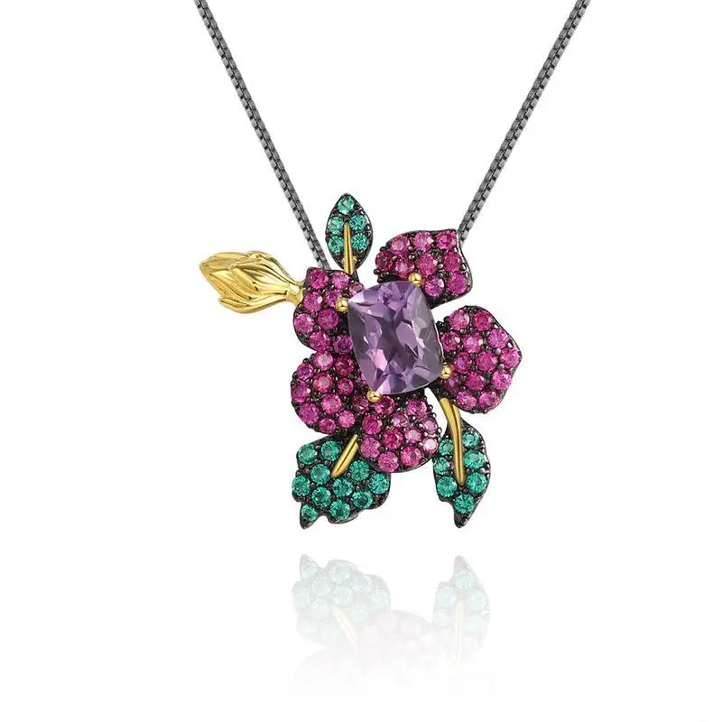 REDheart TIANSHE Design High-end Jewelry S925 Pure Silver Flower Brooch Pendant Natural Amethyst Ring Earrings Set