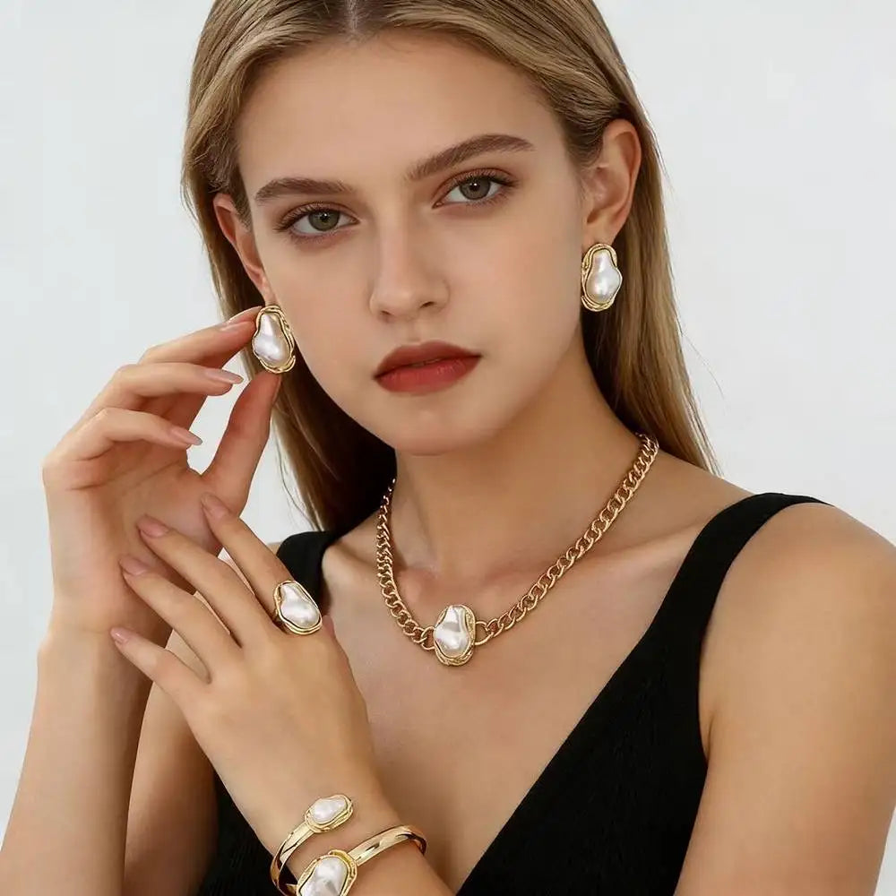 XM S121 Silver Plated Zircon Baroque Pearl Wedding Engagement Jewelry Set for Women Chunky Chain Necklace Earrings Bracelet Ring