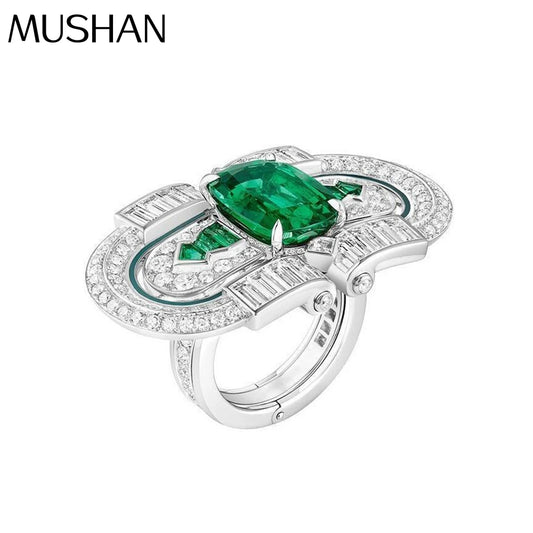 MuShan Jewelry Factory S925 Sterling Silver Ring Light Luxury Electroplated Gold High Carbon Diamond Jewelry in Green Wood