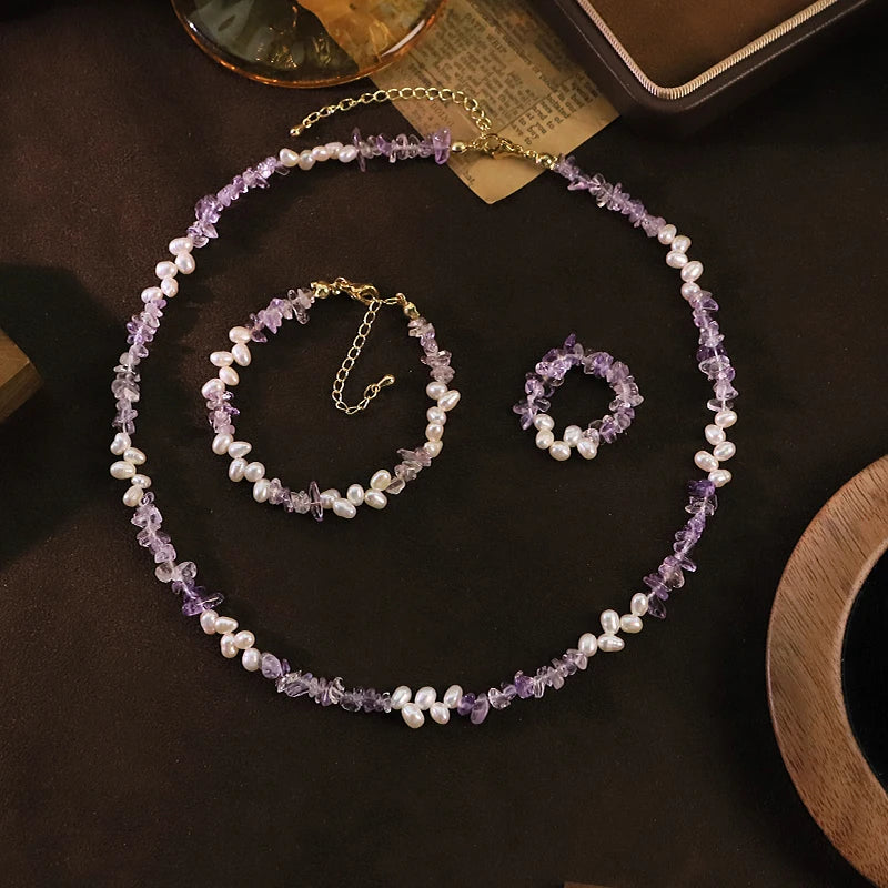 Natural Freshwater Pearl  Amethyst Jewelry Set for Women Daily Wear Wedding Pearl Dainty Jewelry Set Bohemian Style Jewelry