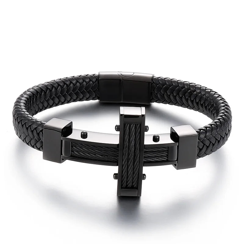 KALEN 215mm Trendy Silver/Gold/Black/Grey Cowhide Leather Bracelet With Stainless Steel Cross