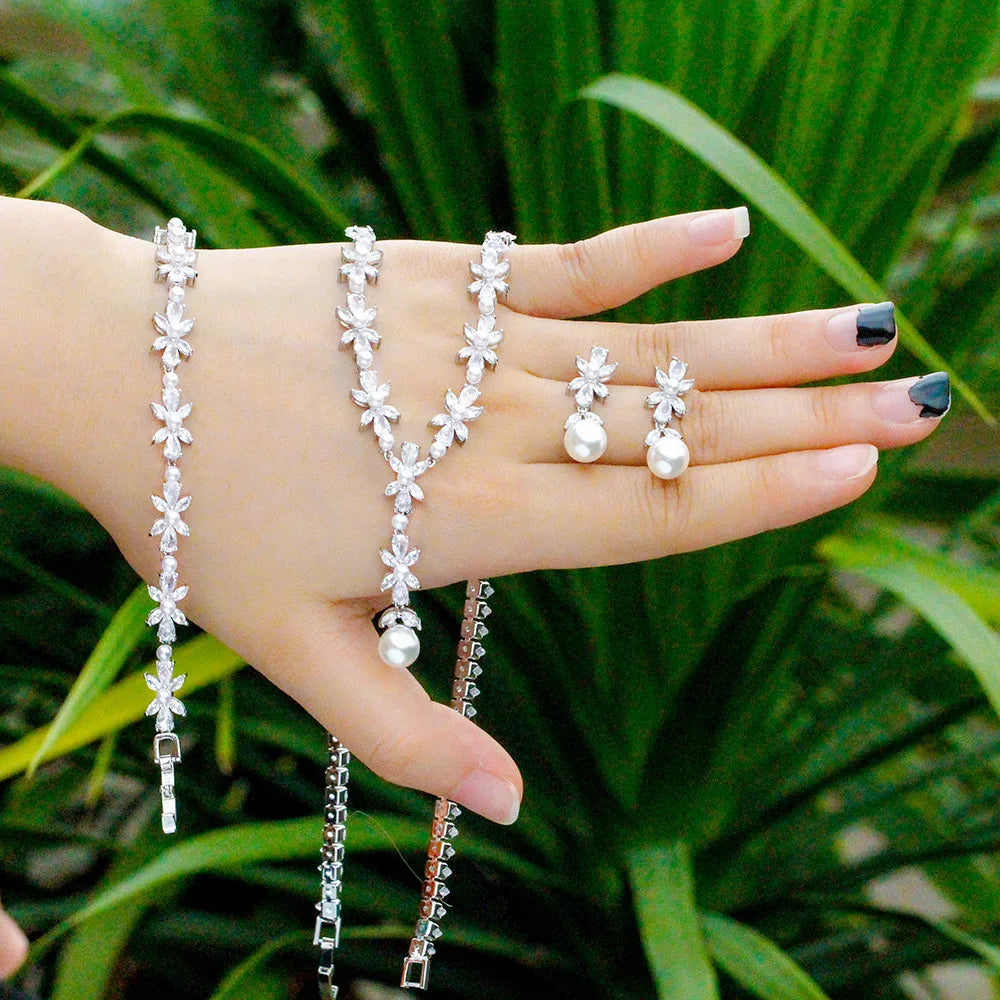 3 Pcs Silver Plated Marquise Cut CZ Crystal Wedding Jewelry Set Flower Pearl Pendants Necklace Bracelet and Earrings for Women