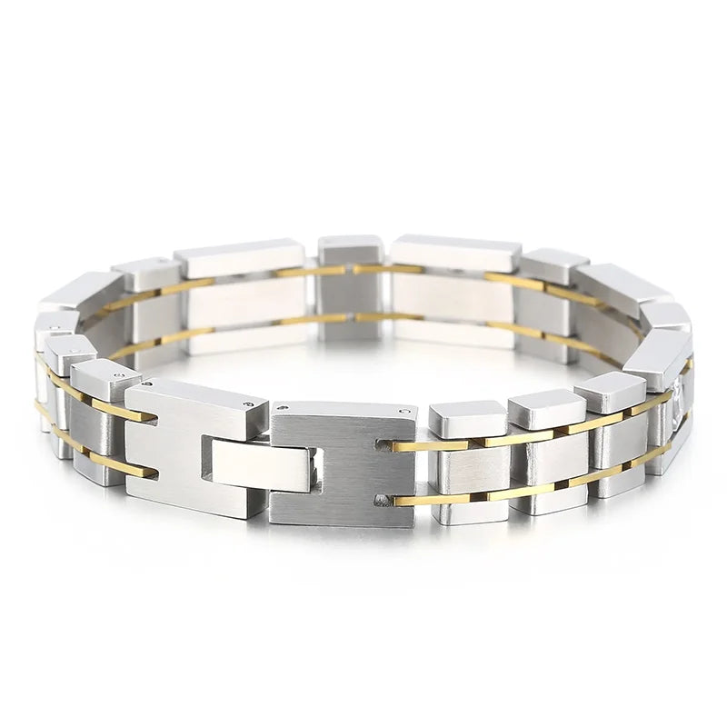 VIKING Mens Casual Watchband Link Bracelet with Zircon – Silver Stainless Steel