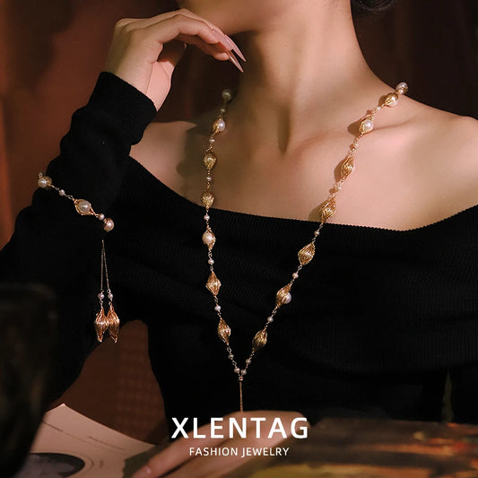 Double Layer Oval Natural Pearl Pull-Out Bracelet Necklace Set Handmade Adjustable Necklace Gift for Wife Women Jewelry GS0211