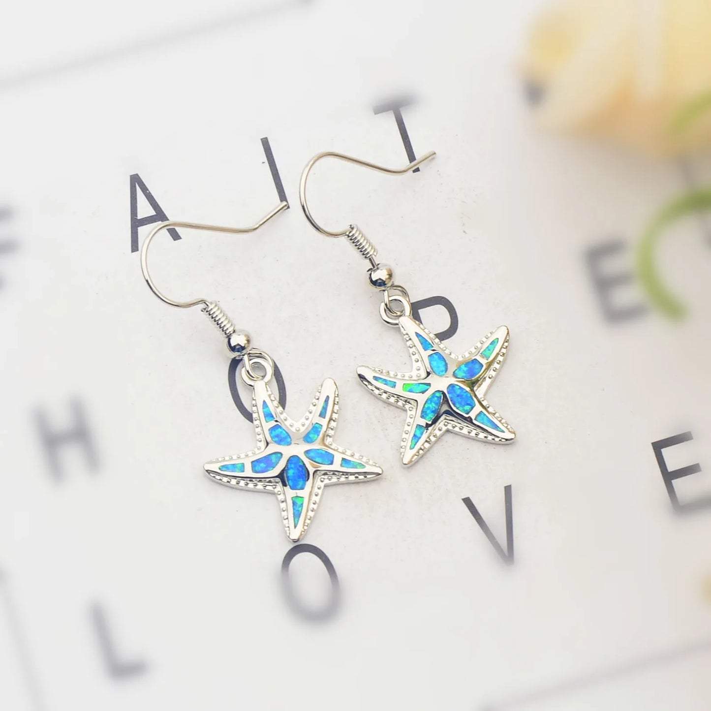 TikTok Viral Colorful Opal Starfish Bohemian Christian Silver Plated Brass Pendant Earrings Trendy Women's Jewelry