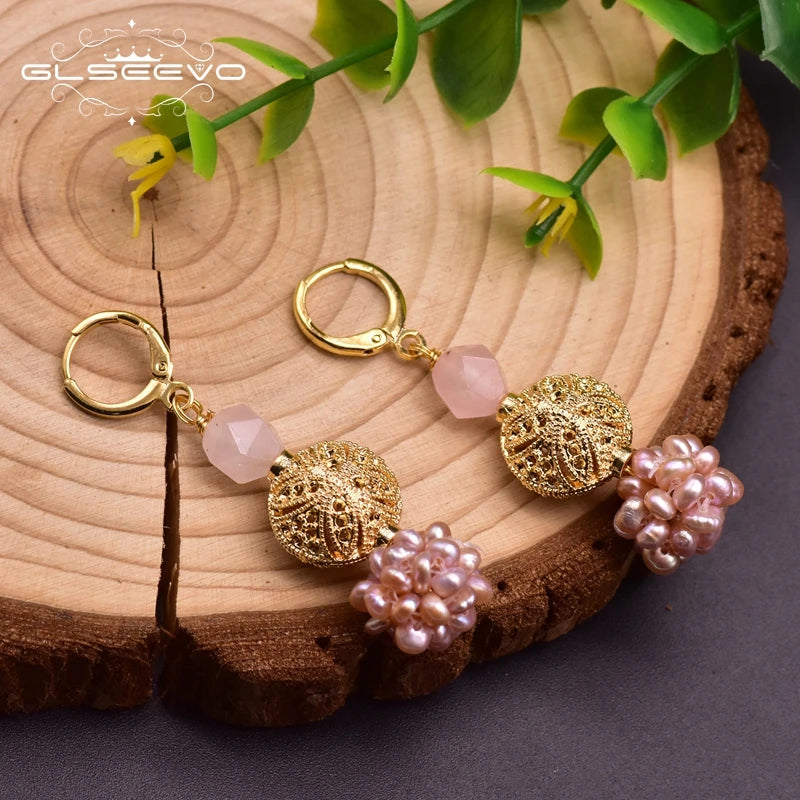 GLSEEVO Fresh Water Pink Baroque Pearl Dangle Flower Earrings for Women Girls Daughter Cute Jewellery for Birthday Party GE0961B