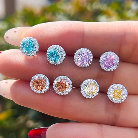 S&S 925 Sterling Silver 8mm Rose-Cut CZ Stud Earrings – 4 Colours – Collection