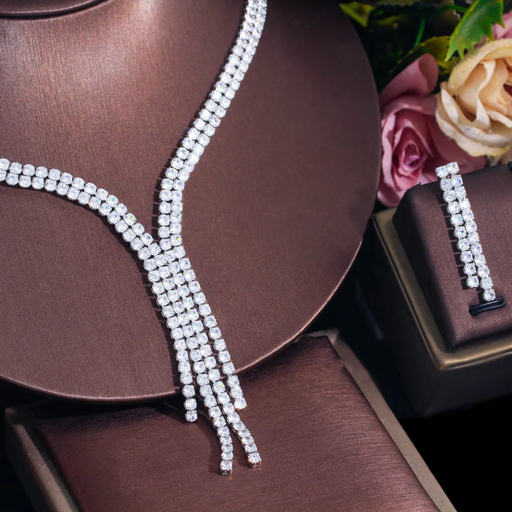 Shiny Round Cubic Zirconia Elegant Long Dangling Drop Tassel Wedding Costume Necklace Brides Jewelry Sets for Women