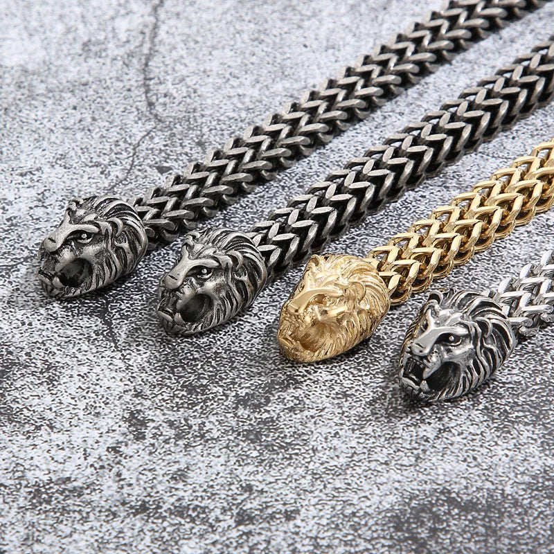 KALEN 230mm Men Punk Stainless Steel Herringbone Bracelet With Lion Head Charms Clasp