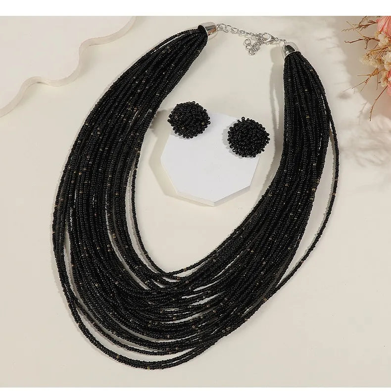 Bohemian Multi-Layer Rice Bead Necklace & Earrings Set | Retro Ethnic Style Glass Bead Jewellery | 9 Colours
