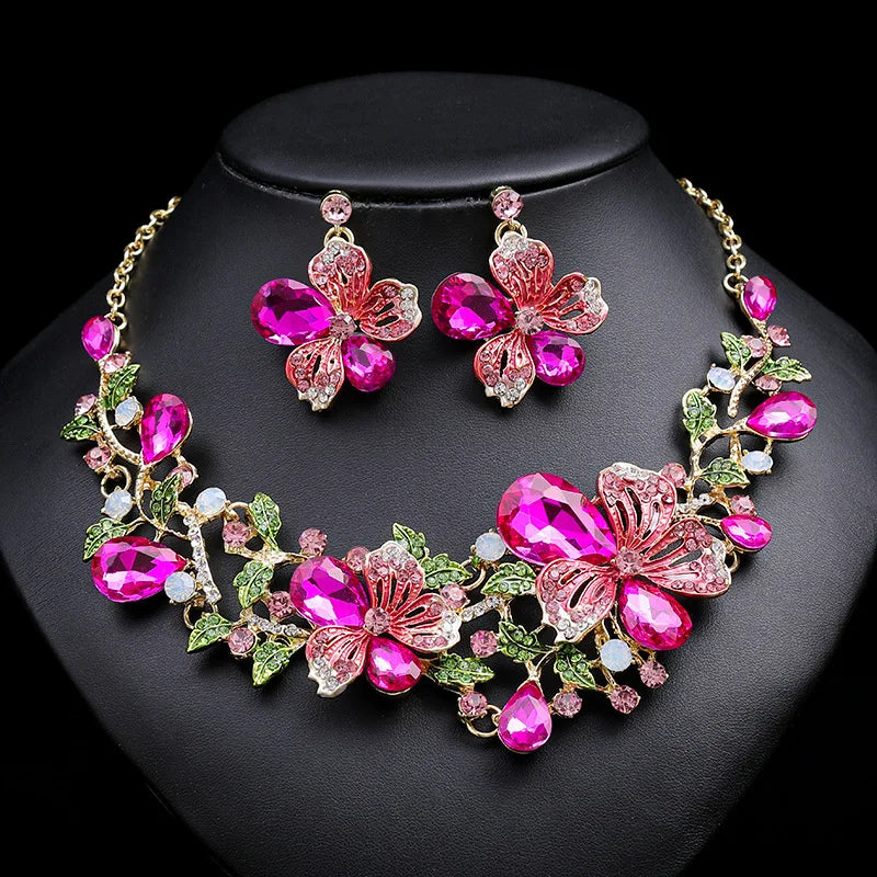 Zircon & Pearl Flower Necklace & Earrings Jewellery Set | Romantic Bridal Fashion Set