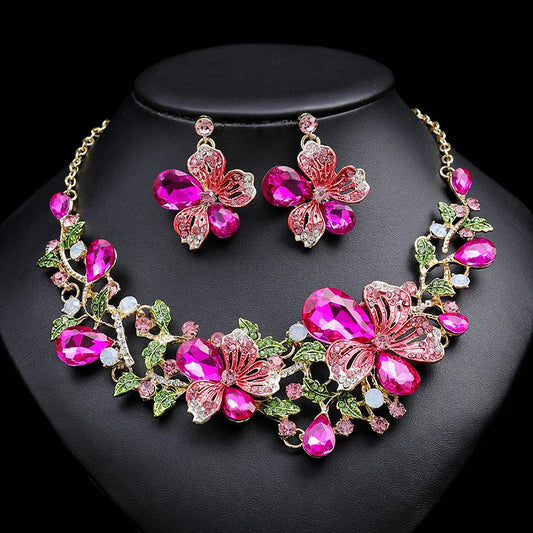 Zircon & Pearl Flower Necklace & Earrings Jewellery Set | Romantic Bridal Fashion Set