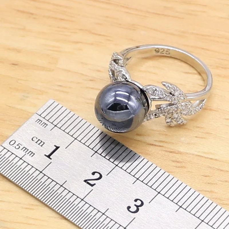 XOTICA Black Freshwater Pearl Sterling Silver Classic Bridal Jewelry Sets for Women Earrings Necklace Pendant Ring Bracelet Wedding