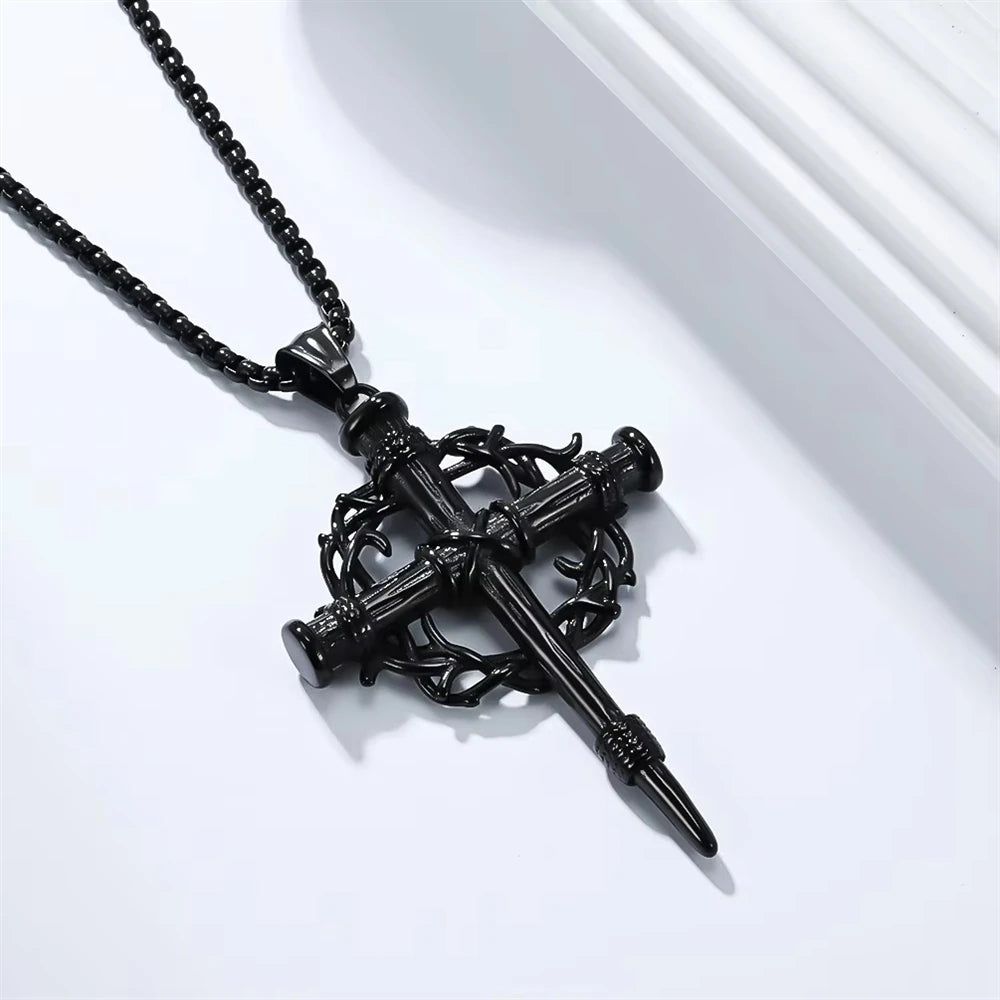 REDheart Thorn Wreath Cross Religious Anti Non Tarnish WaterProof Stainless Steel Fashion Jewelry Pendant Necklaces for Men