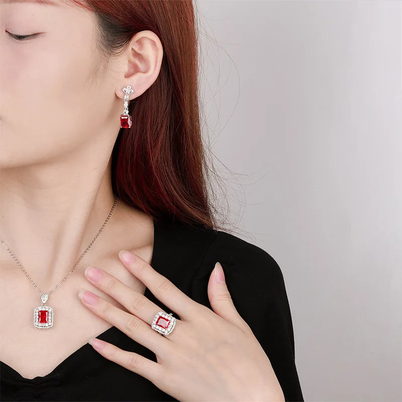 Gemfiori Light Luxury Super Sparkling Princess Long Earrings Korean Version Temperament Pendant Ring Set square Fashion Accessory