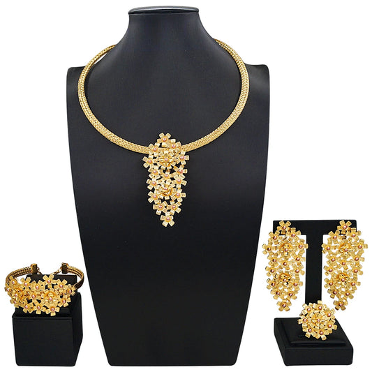Brazilian Flowers Jewelry Sets Gold Rose Italian Jewelry Set Wedding Party Brass Necklace Bracelet Earrings Ring Jewelry