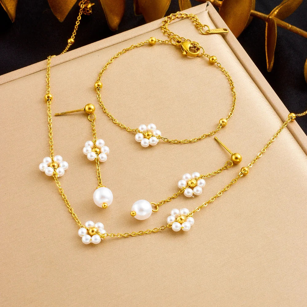 Gold White Flower Pearl Necklace, Earrings & Bracelet Jewellery Set