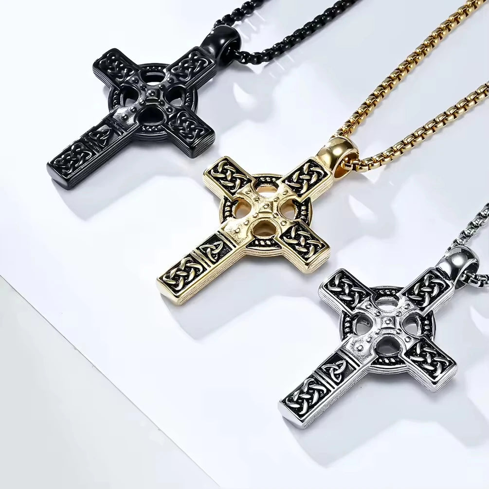 New Arrival Stainless Steel Cross Necklace for Men Double Sided Cross Celtic Knot Pendent Necklace Fashion Jewelry