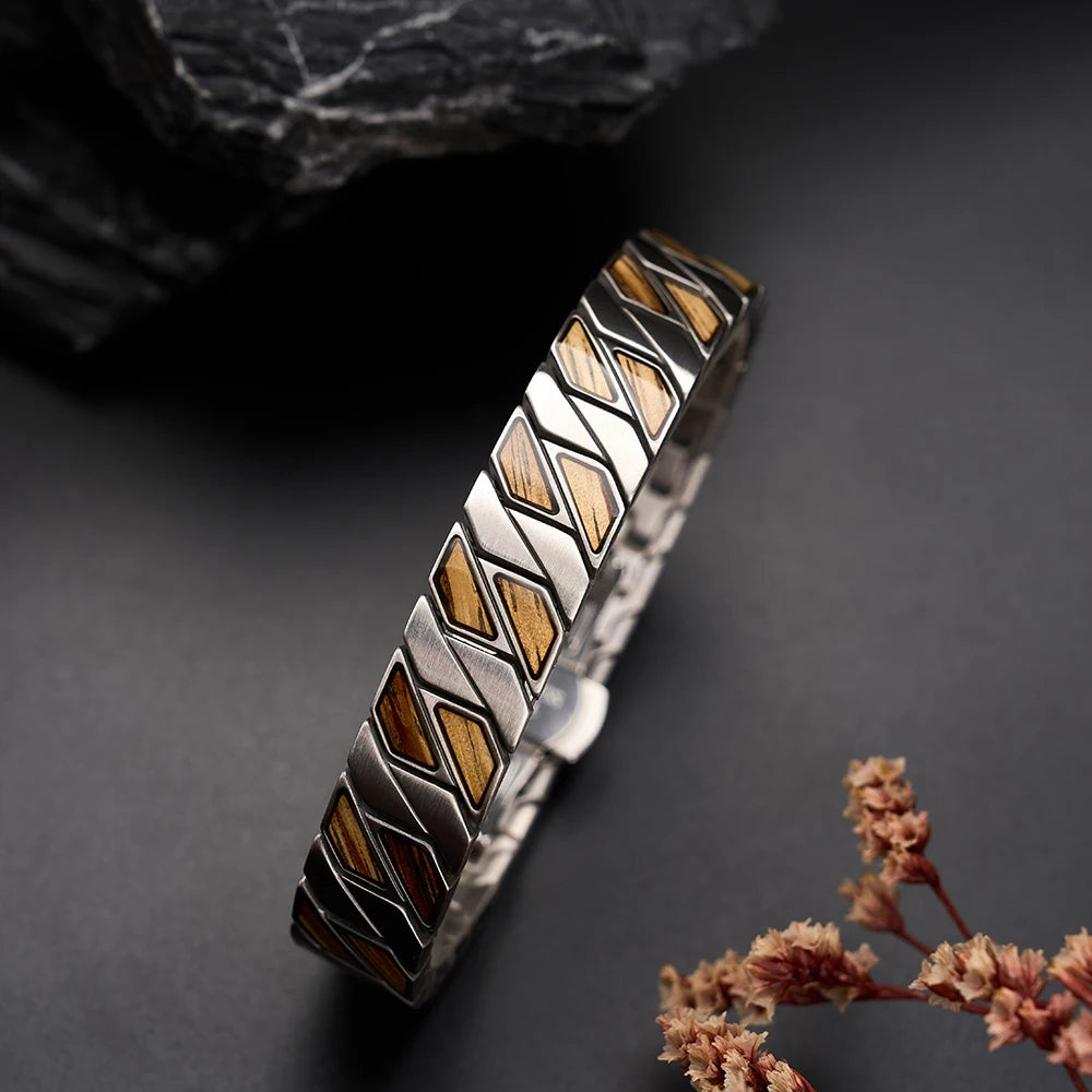 REBEL Gold Plated Punk Style Wooden Bracelet Support Custom Logo Waterproof Hybrid for Men's Anniversary Gift
