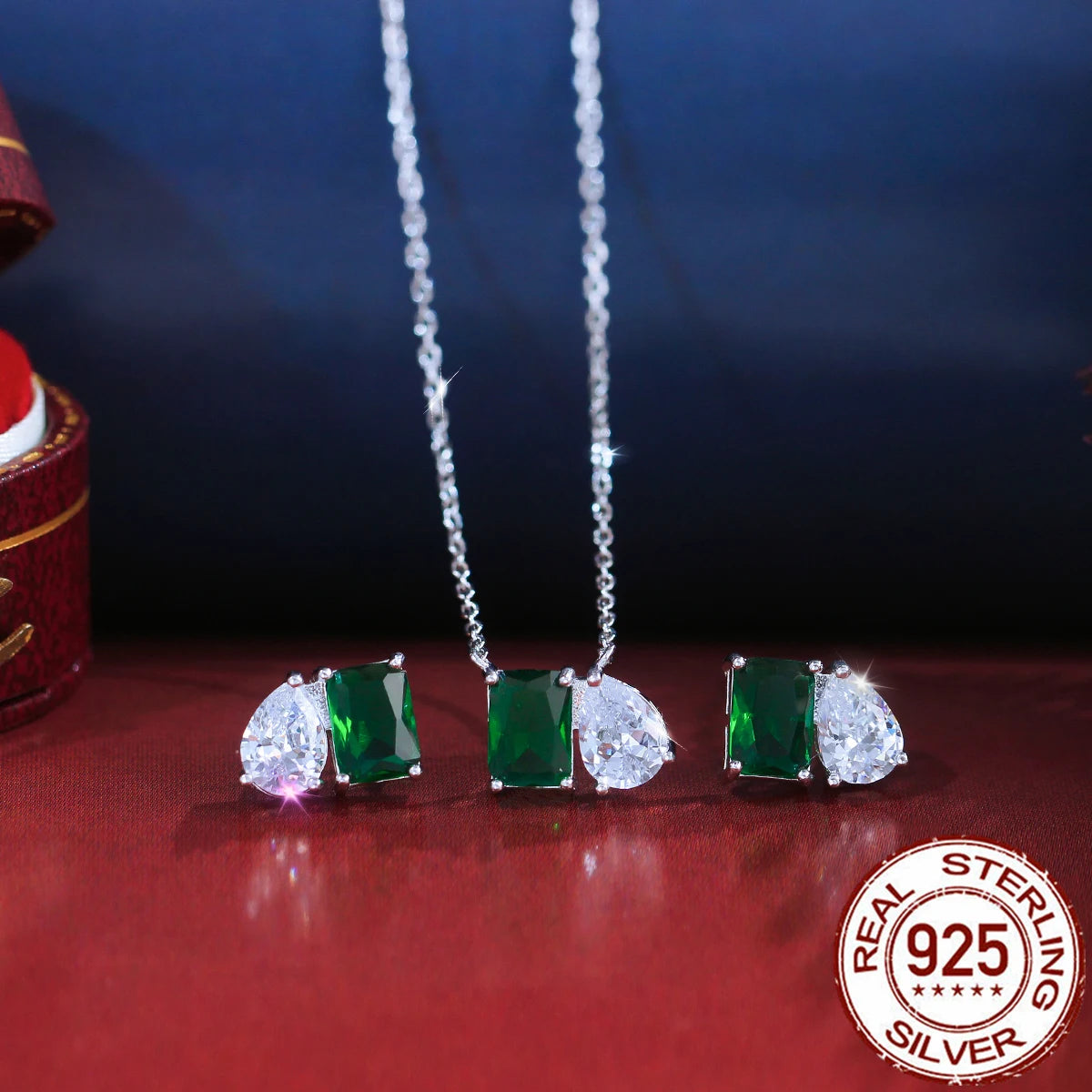 Fashion CZ 925 Sterling Silver Jewelry Set Green Baguette Drop Zircon Pendant Necklace Jewelry Set for Women Girls Daily Wear