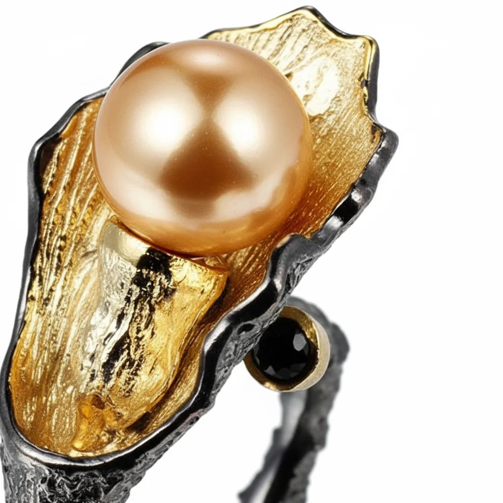 Freshwater Pearl 925 Sterling Silver Jewelry Ring with Black Gold Plated