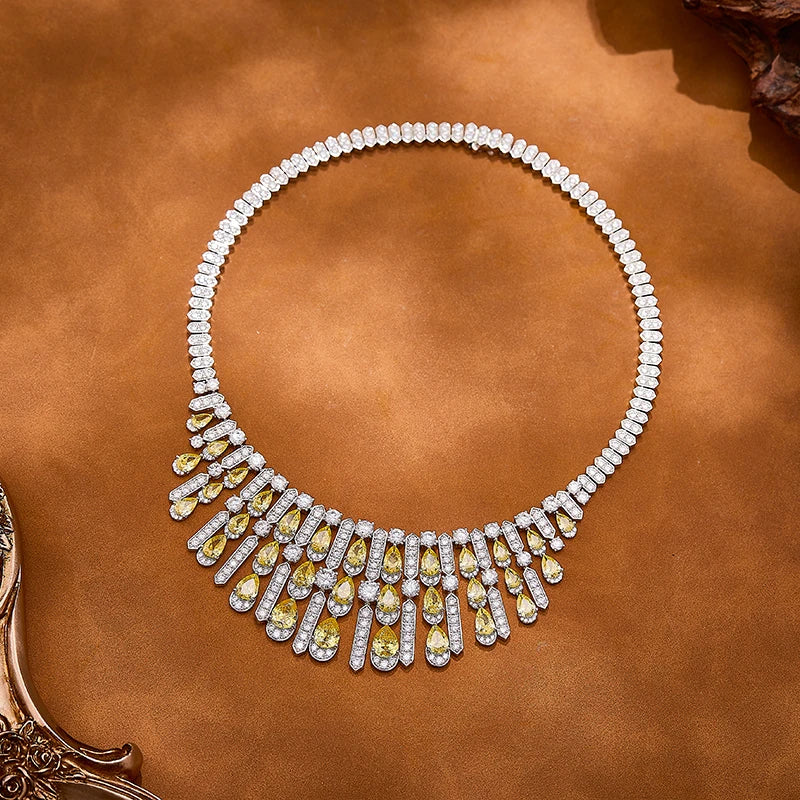 Bridal Luxury Pear Cut Yellow Zirconia Necklace Earrings 2-piece Set High Quality Brass Jewelry Anniversary Gift