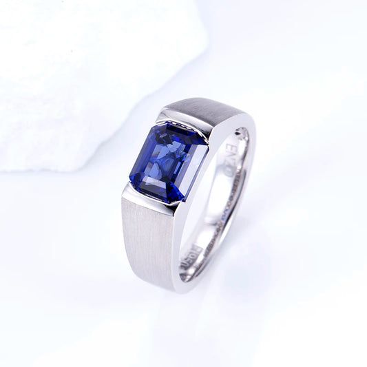 Gemfiori MSR-1506 PT950 Luxury Engagement Ring 7x9mm Emerald Cut Lab Sapphire Stones Lab Grown Diamond Ring