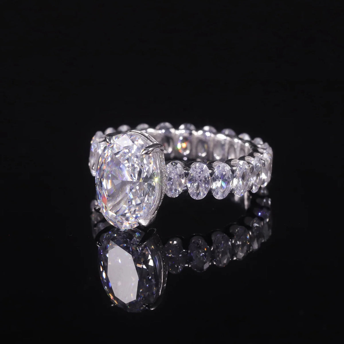 Gemfiori AR499 Abiding Simulated Diamond Iced Cut Oval Cut 9x13MM Cubic Zirconia Cz Hip Hop Full Eternity Ring 925 Sterling Silver Ring