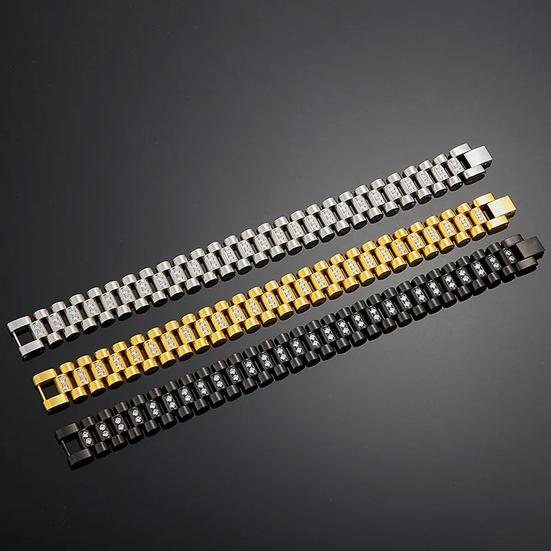 KALEN Hip Hop CZ Gold Silver Titanium Stainless Steel Biker Belt Bracelet for Men