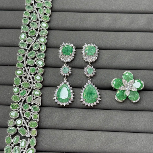 TIANSHE Luxury Green Flower Open Ring Dangle Earrings Bracelet & Vintage Wedding Party Jewelry For Women