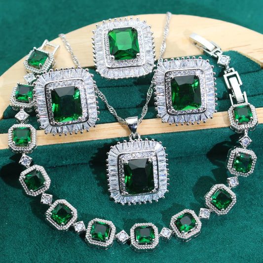 Luxurious 925 Silver Jewelry Set for Women Classic Green Zircon Bracelet Earrings Ring-for Wedding Engagement Anniversary