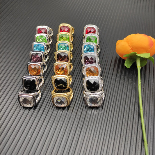 FASHIONISTA DY High-Quality Silver-Plated 14mm Square Diamond-Set Ring, Gold-Plated Colored Gemstone-Set Ring, Jewelry
