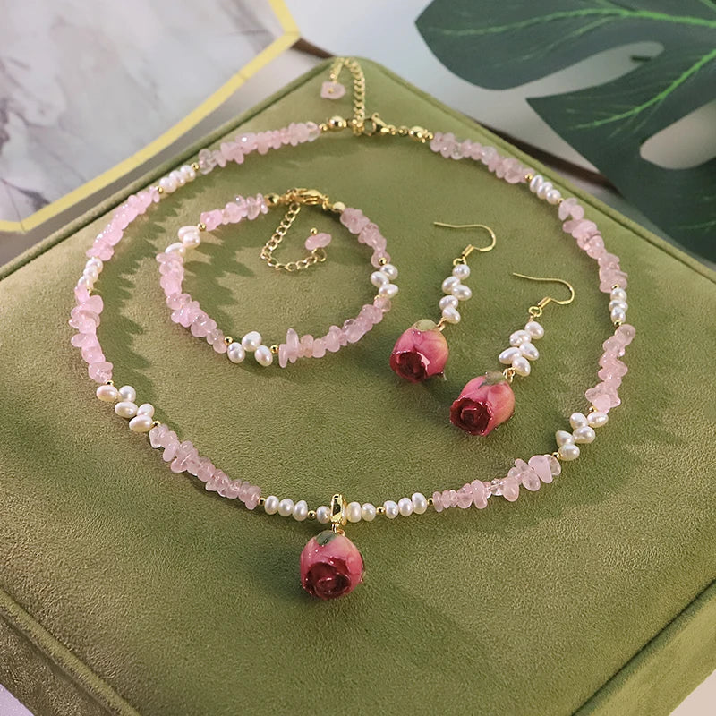 Natural Freshwater Pearl Pink Bud Jewelry Set for Women Daily Wear Dating Valentine's Day Pearl Jewelry Set Bohemian Jewelry